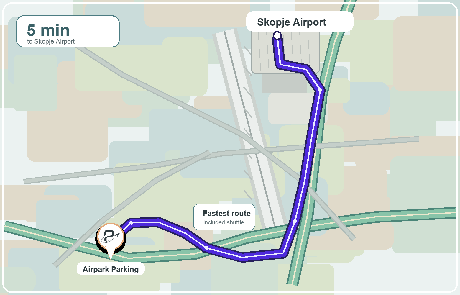Clean fastest-route map from Airpark Skopje parking to Skopje International Airport